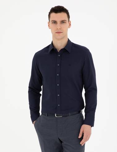 Lacivert Slim Fit Armürlü Uzun Kollu Gömlek