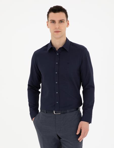 Lacivert Slim Fit Armürlü Uzun Kollu Gömlek - 50289391025