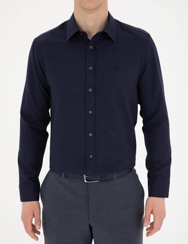 Lacivert Slim Fit Armürlü Uzun Kollu Gömlek