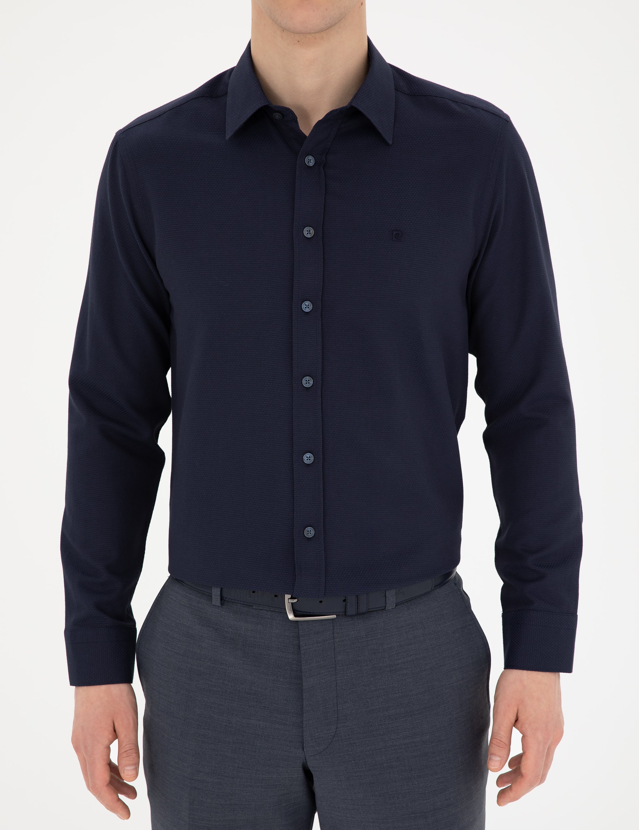 Lacivert Slim Fit Armürlü Uzun Kollu Gömlek - Image 6