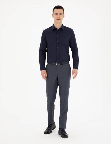 Lacivert Slim Fit Armürlü Uzun Kollu Gömlek