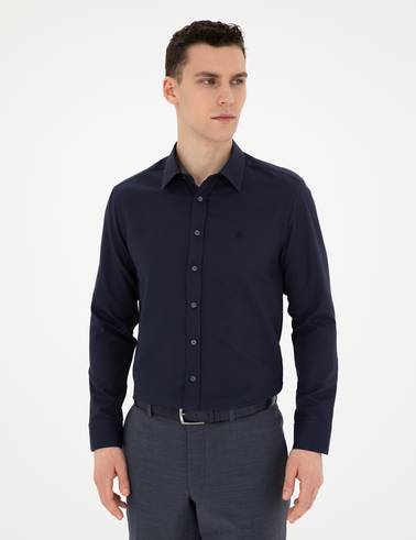Lacivert Slim Fit Armürlü Uzun Kollu Gömlek