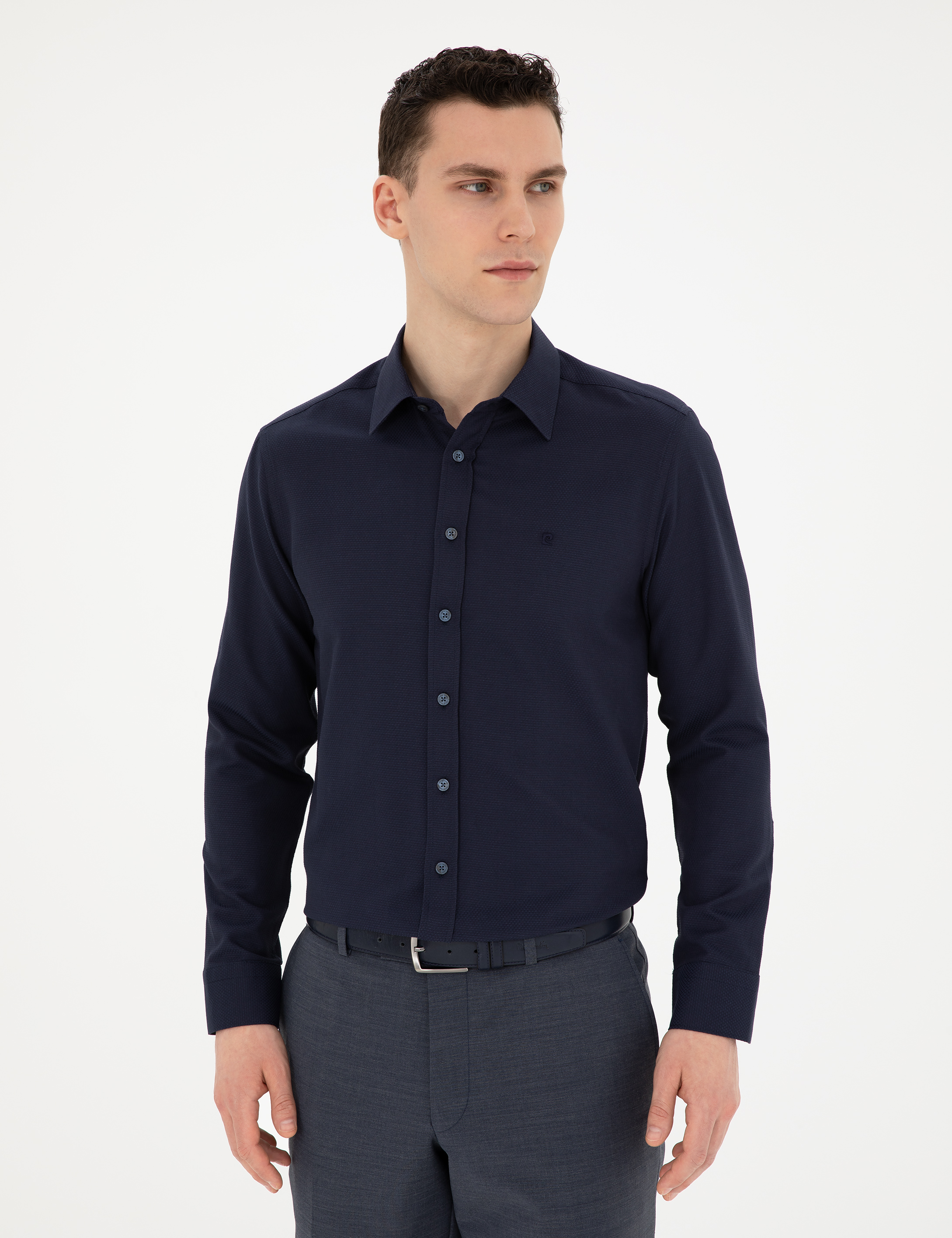 Lacivert Slim Fit Armürlü Uzun Kollu Gömlek - Image 3