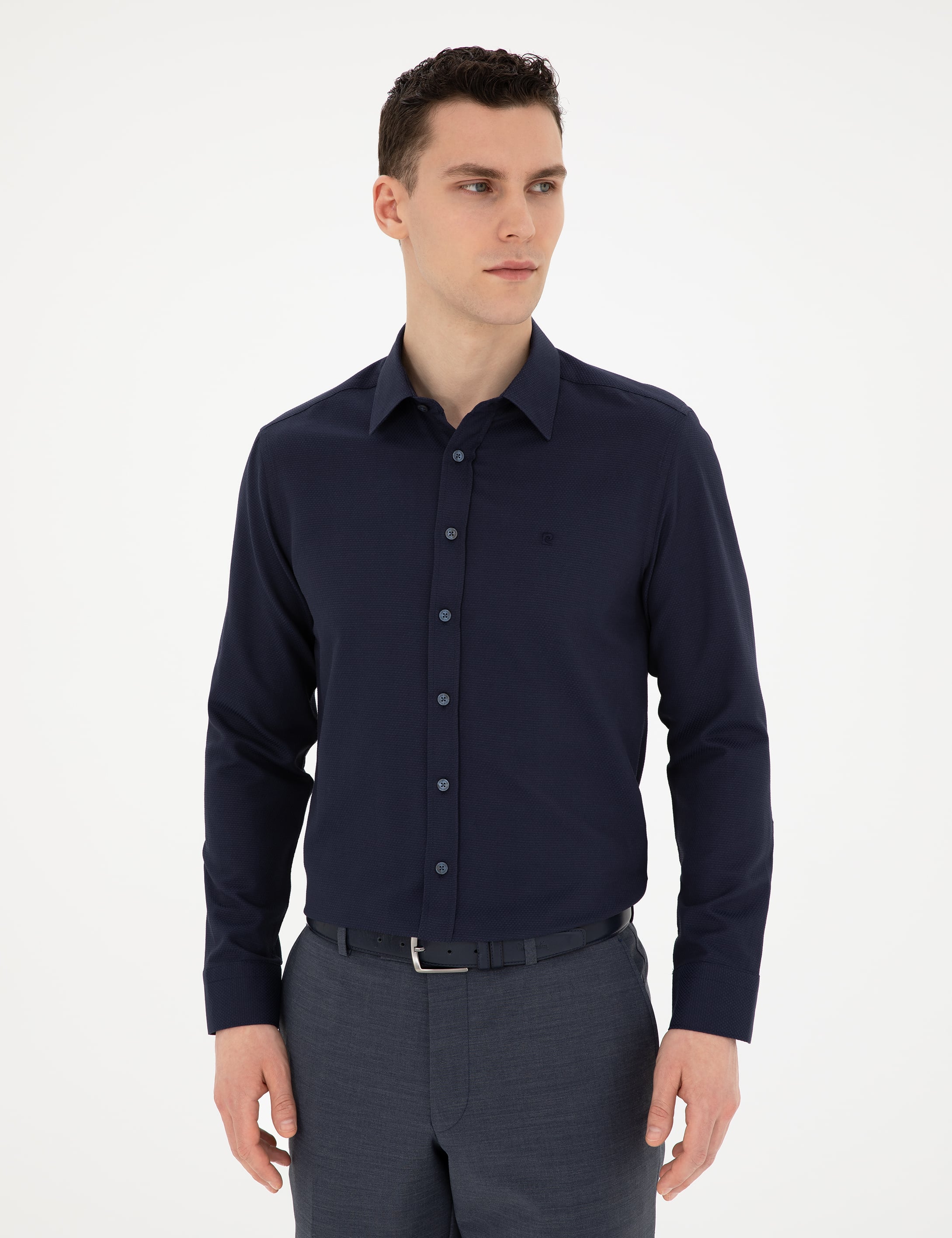Lacivert Slim Fit Armürlü Uzun Kollu Gömlek