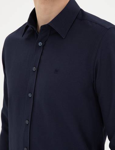 Lacivert Slim Fit Armürlü Uzun Kollu Gömlek