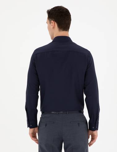Lacivert Slim Fit Armürlü Uzun Kollu Gömlek