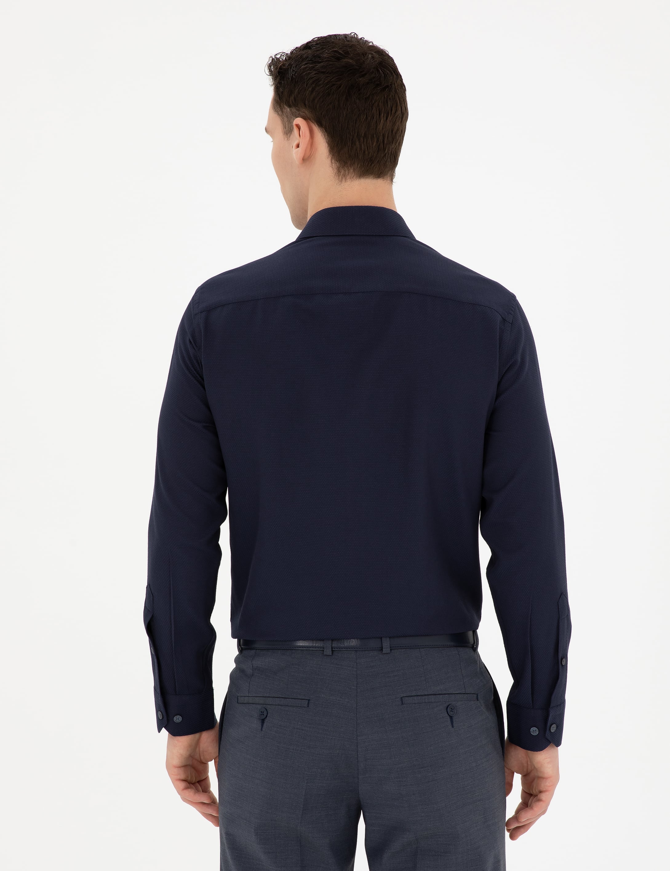 Lacivert Slim Fit Armürlü Uzun Kollu Gömlek - Image 5