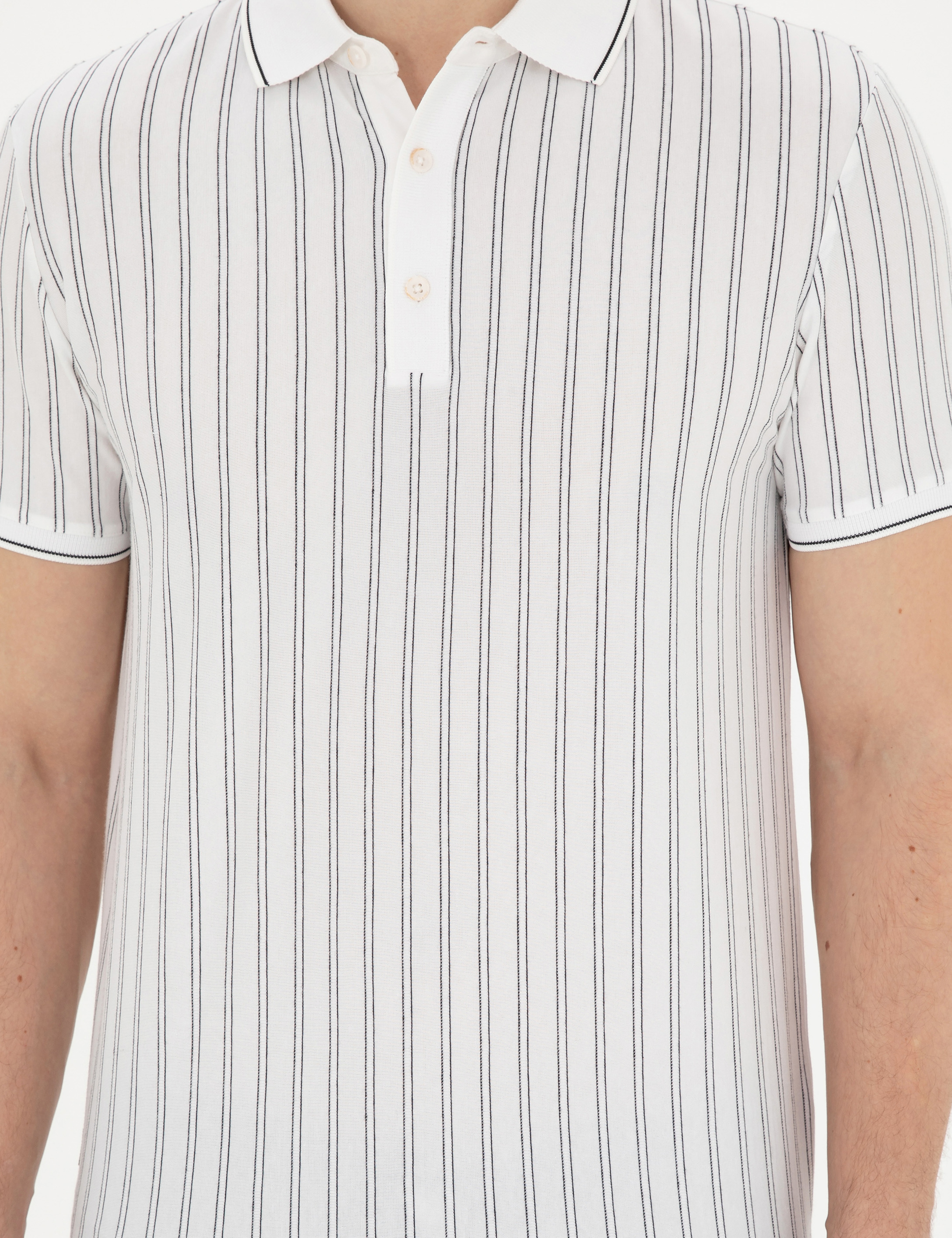 Beyaz Slim Fit Düğmeli Polo Yaka Tişört - Image 6