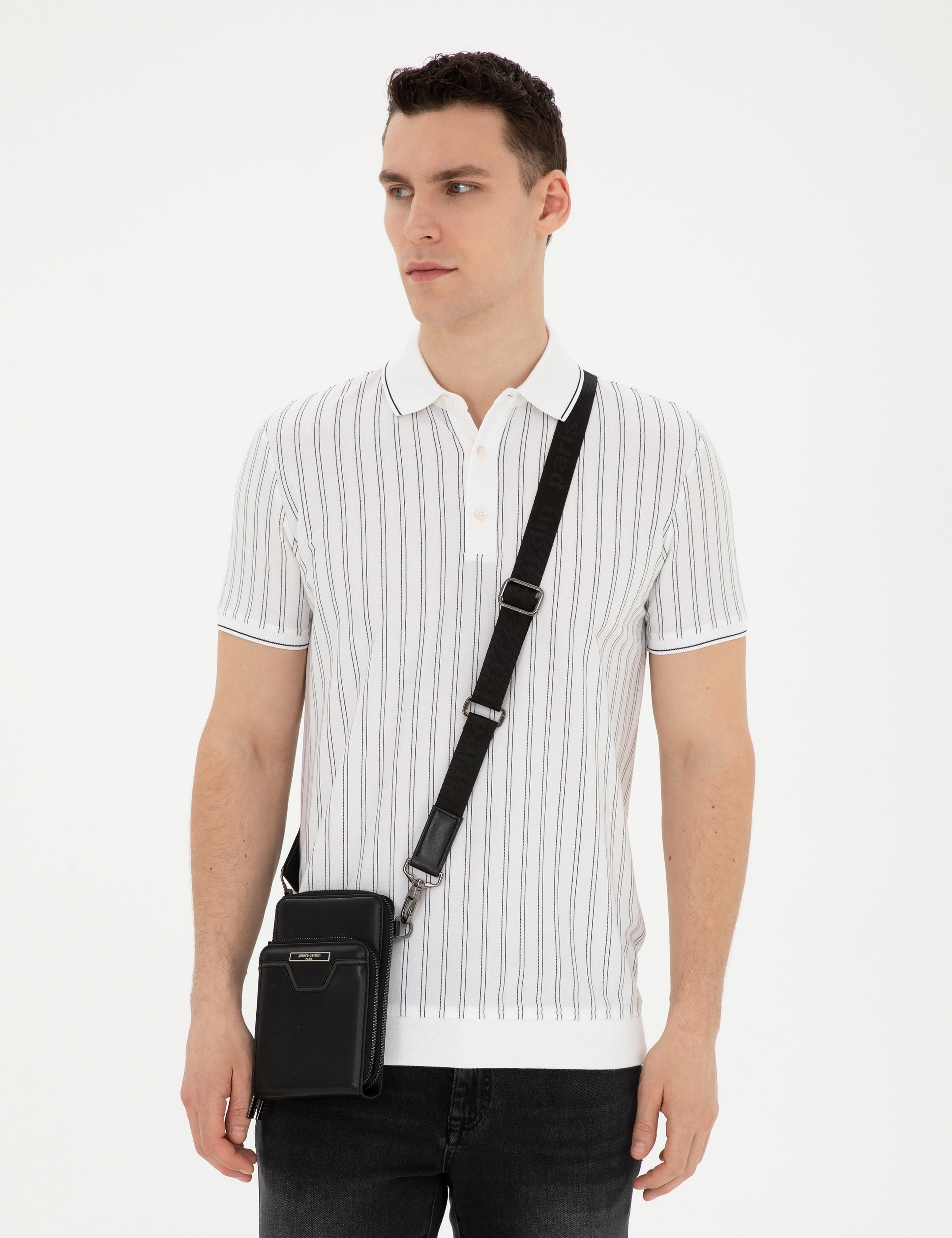 Beyaz Slim Fit Düğmeli Polo Yaka Tişört - Image 1