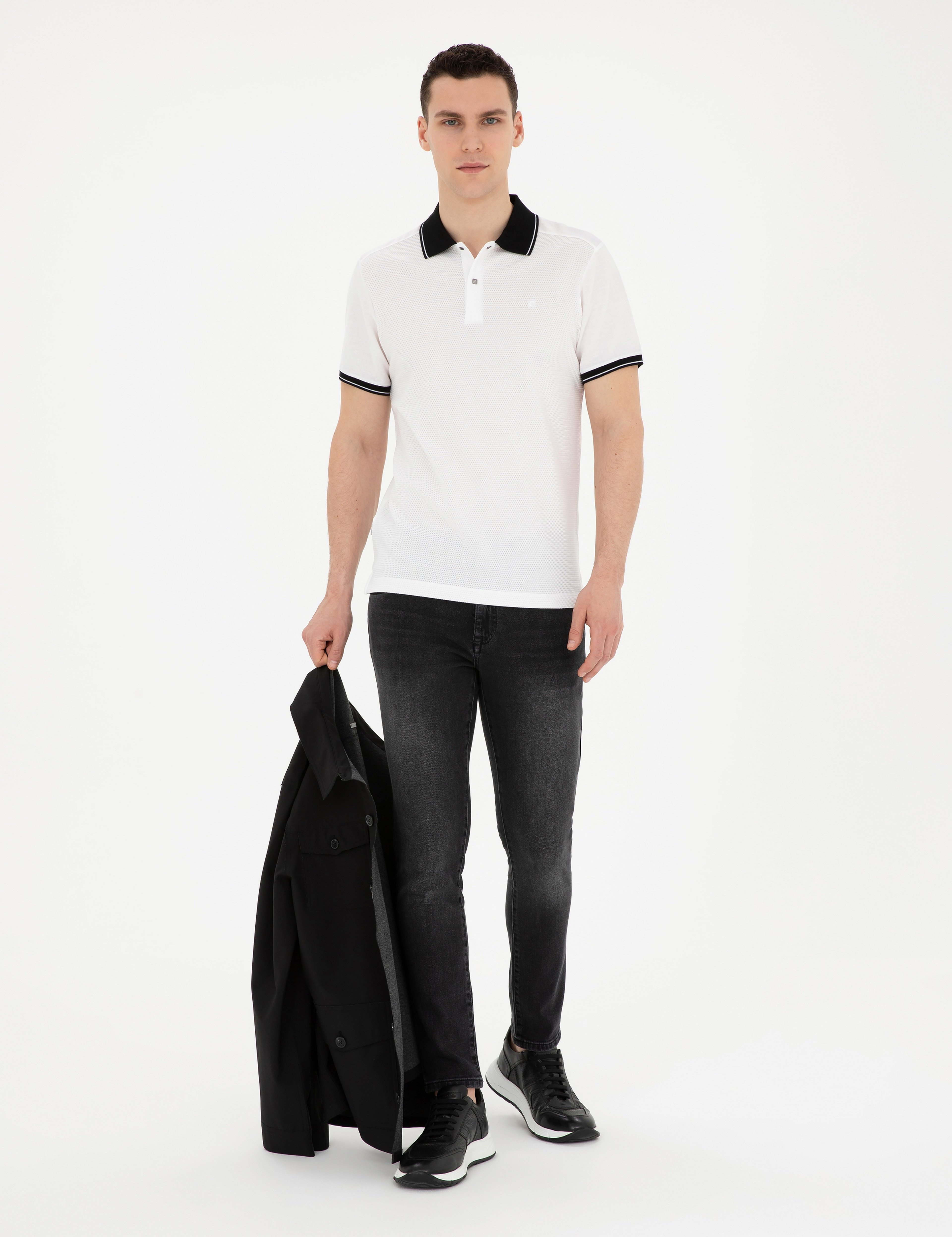 Beyaz Slim Fit %100 Pamuk Düğmeli Polo Yaka Tişört - Image 4