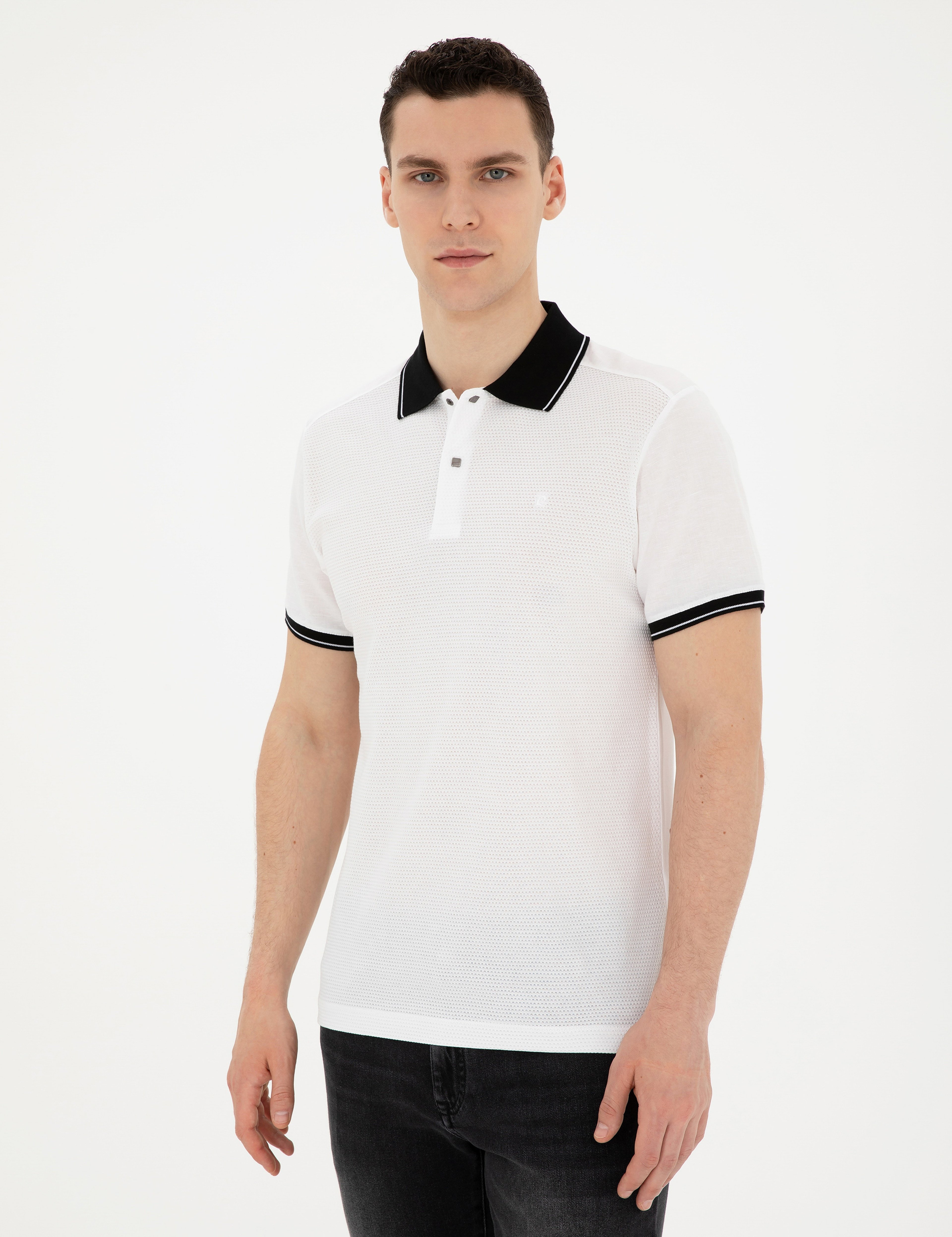 Beyaz Slim Fit %100 Pamuk Düğmeli Polo Yaka Tişört - Image 3