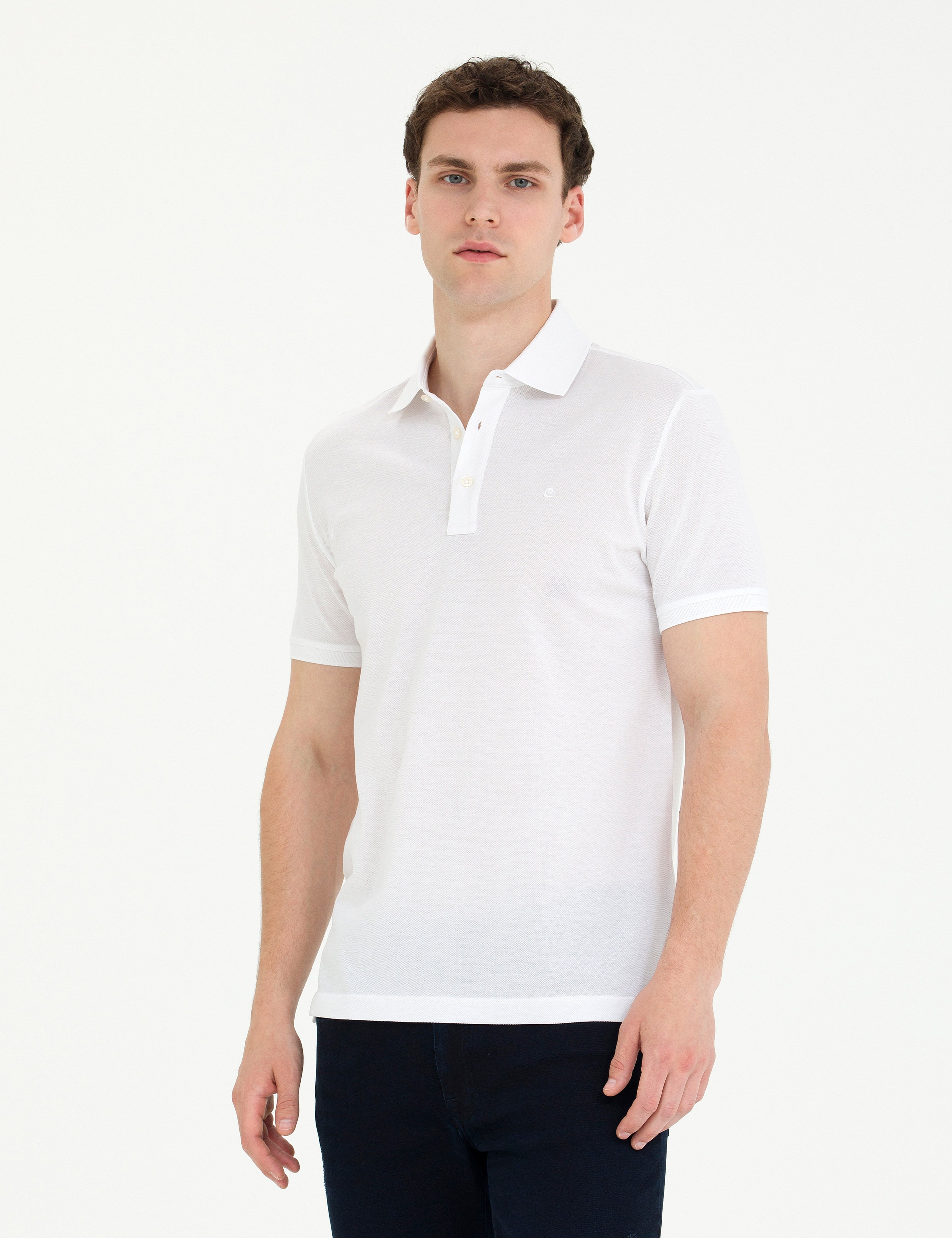 Beyaz Slim Fit %100 Pamuk Merserize Düğmeli Polo Yaka Basic Tişört - Image 3