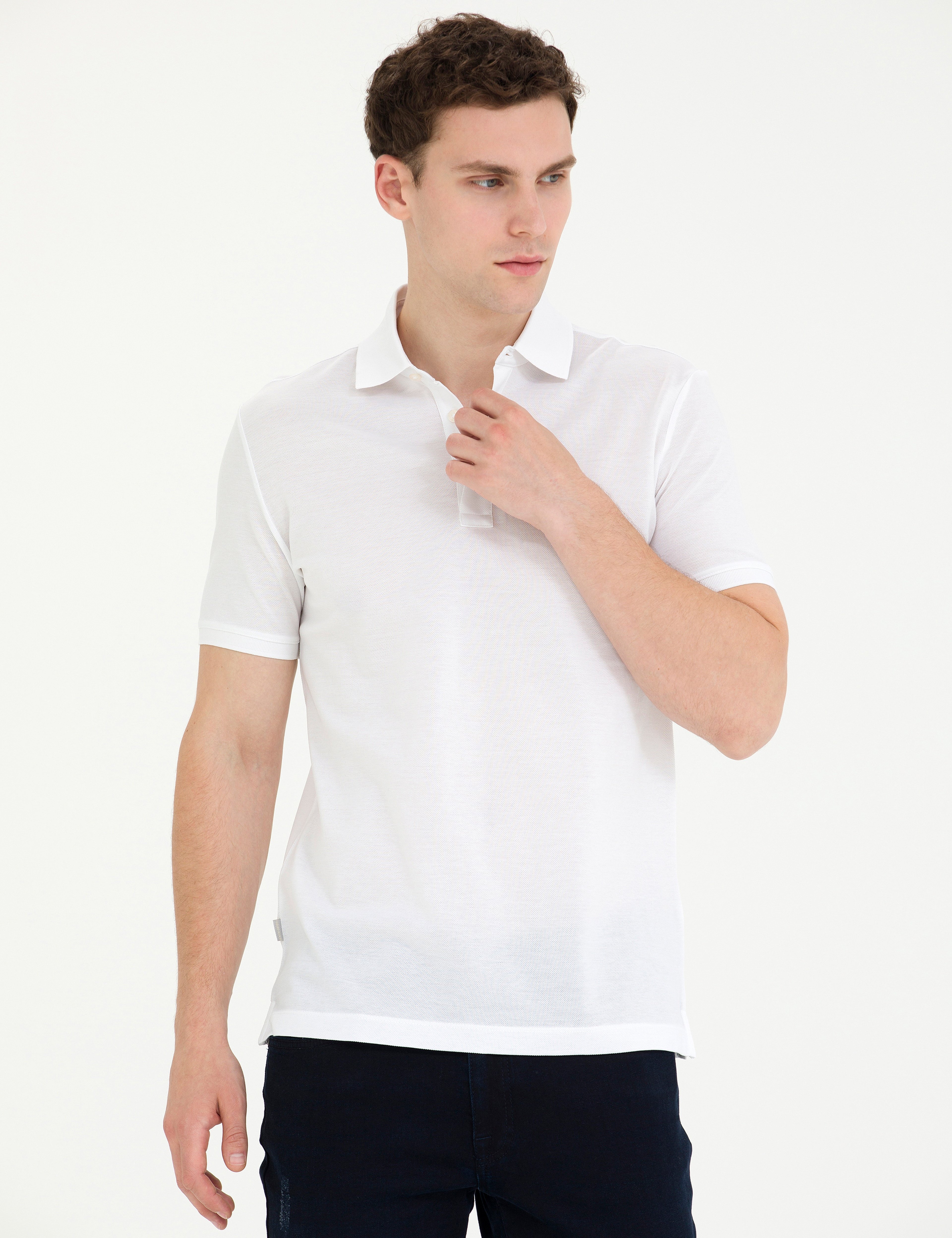 Beyaz Slim Fit %100 Pamuk Merserize Düğmeli Polo Yaka Basic Tişört - Image 1