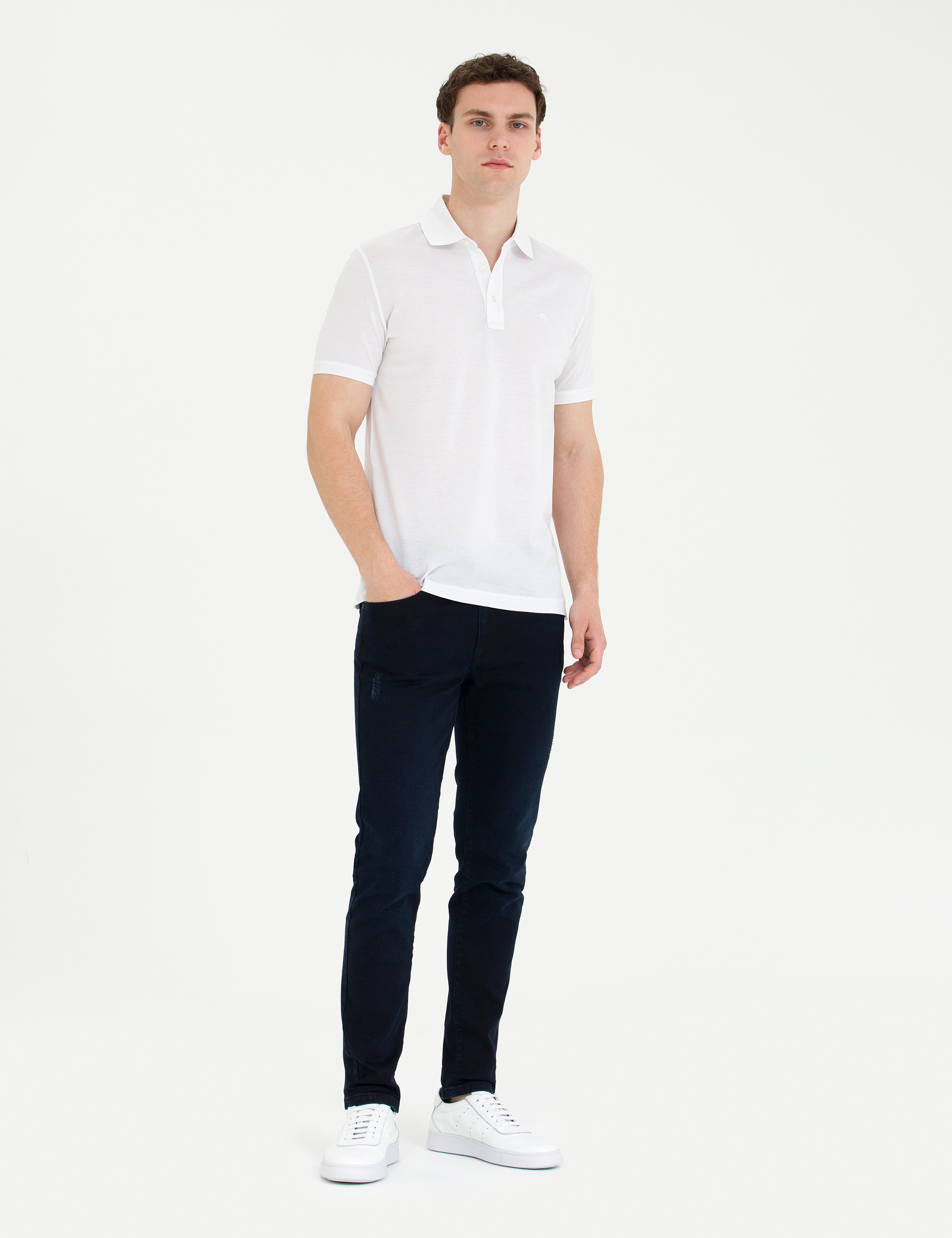 Beyaz Slim Fit %100 Pamuk Merserize Düğmeli Polo Yaka Basic Tişört