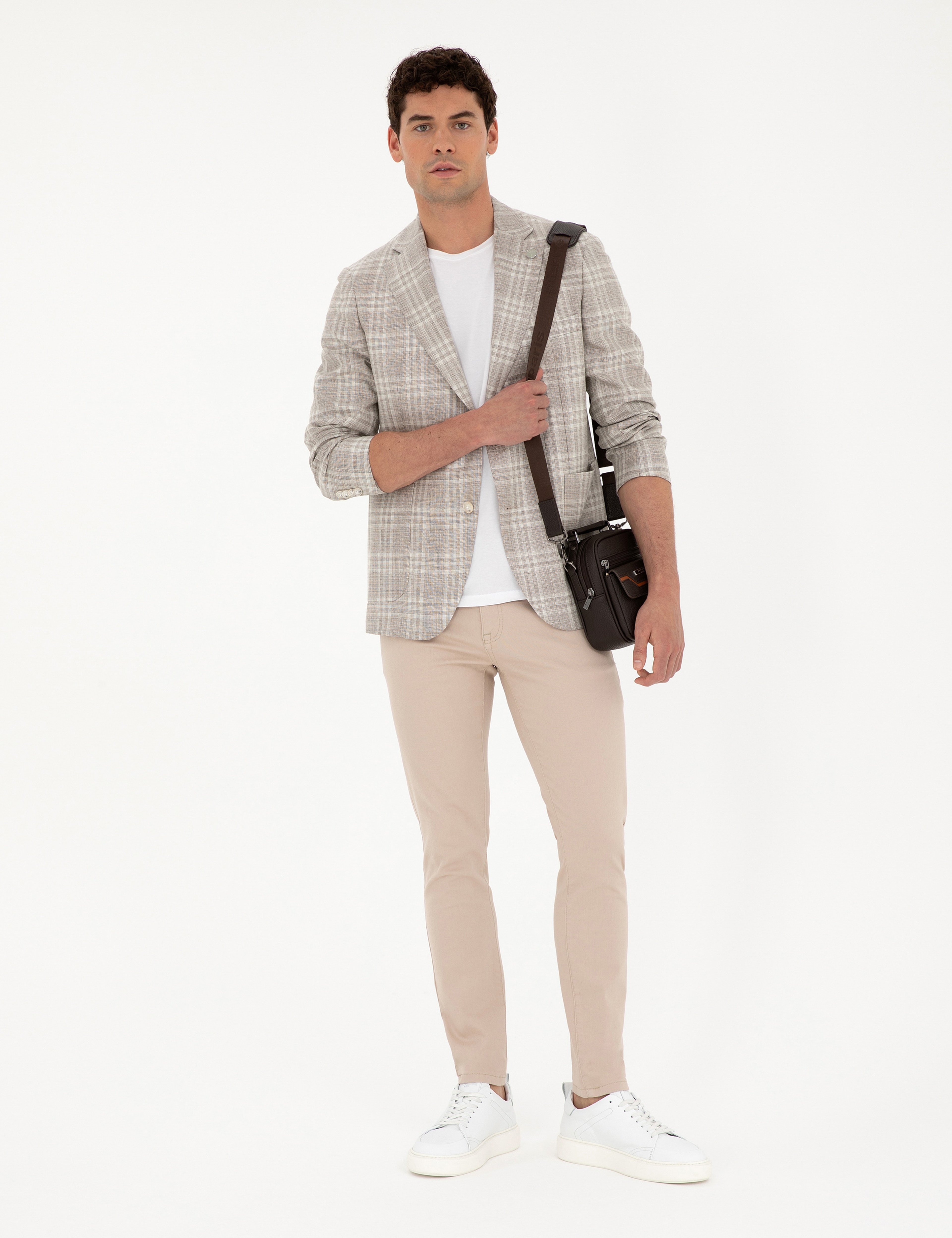 Bej Slim Fit Yün Keten Karışımlı Ekose Ceket
