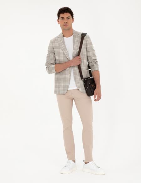 Bej Slim Fit Yün Keten Karışımlı Ekose Ceket - 50285195008