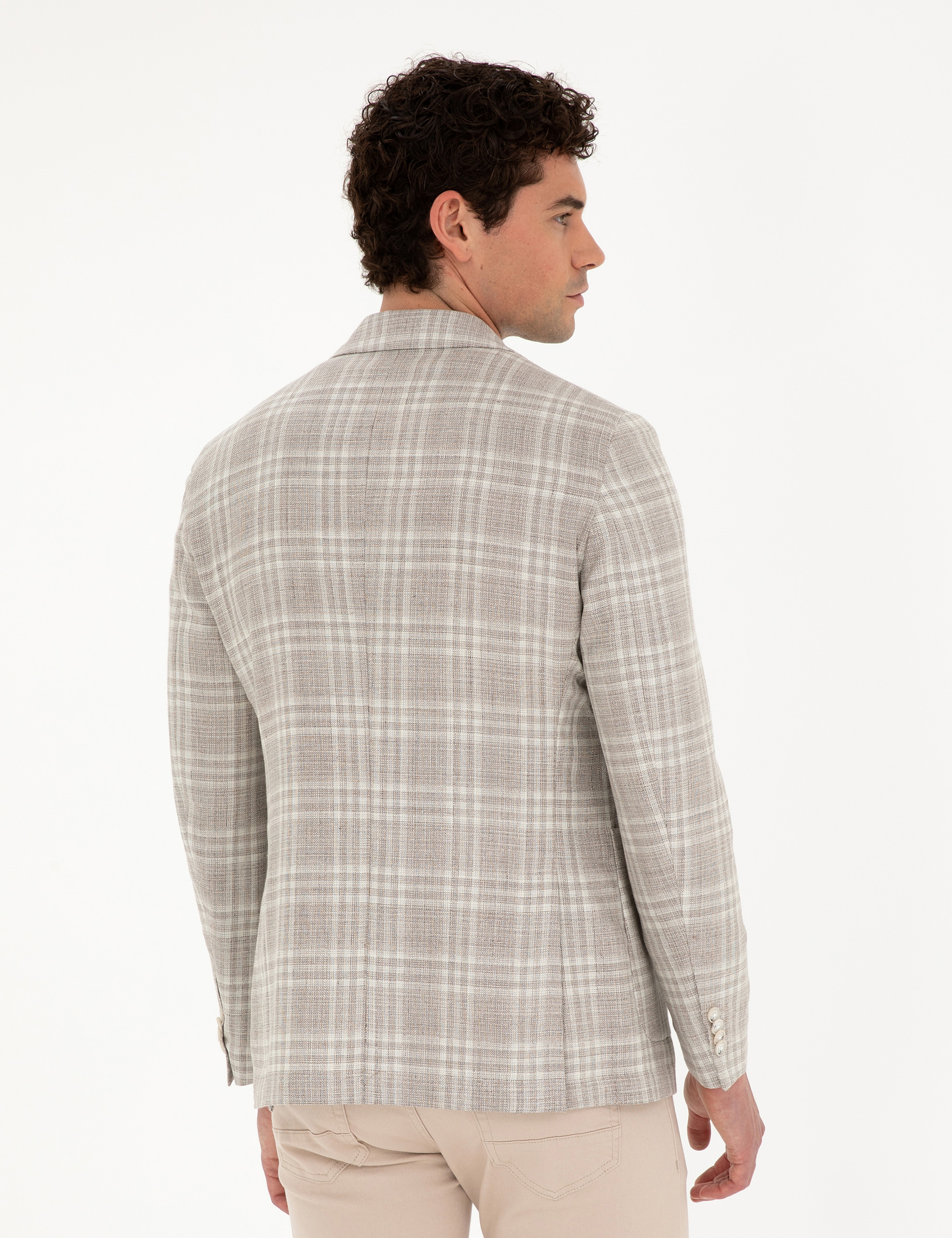Bej Slim Fit Yün Keten Karışımlı Ekose Ceket