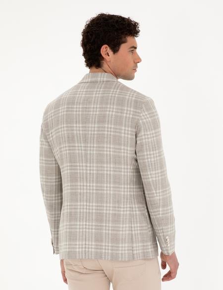 Bej Slim Fit Yün Keten Karışımlı Ekose Ceket - 50285195008