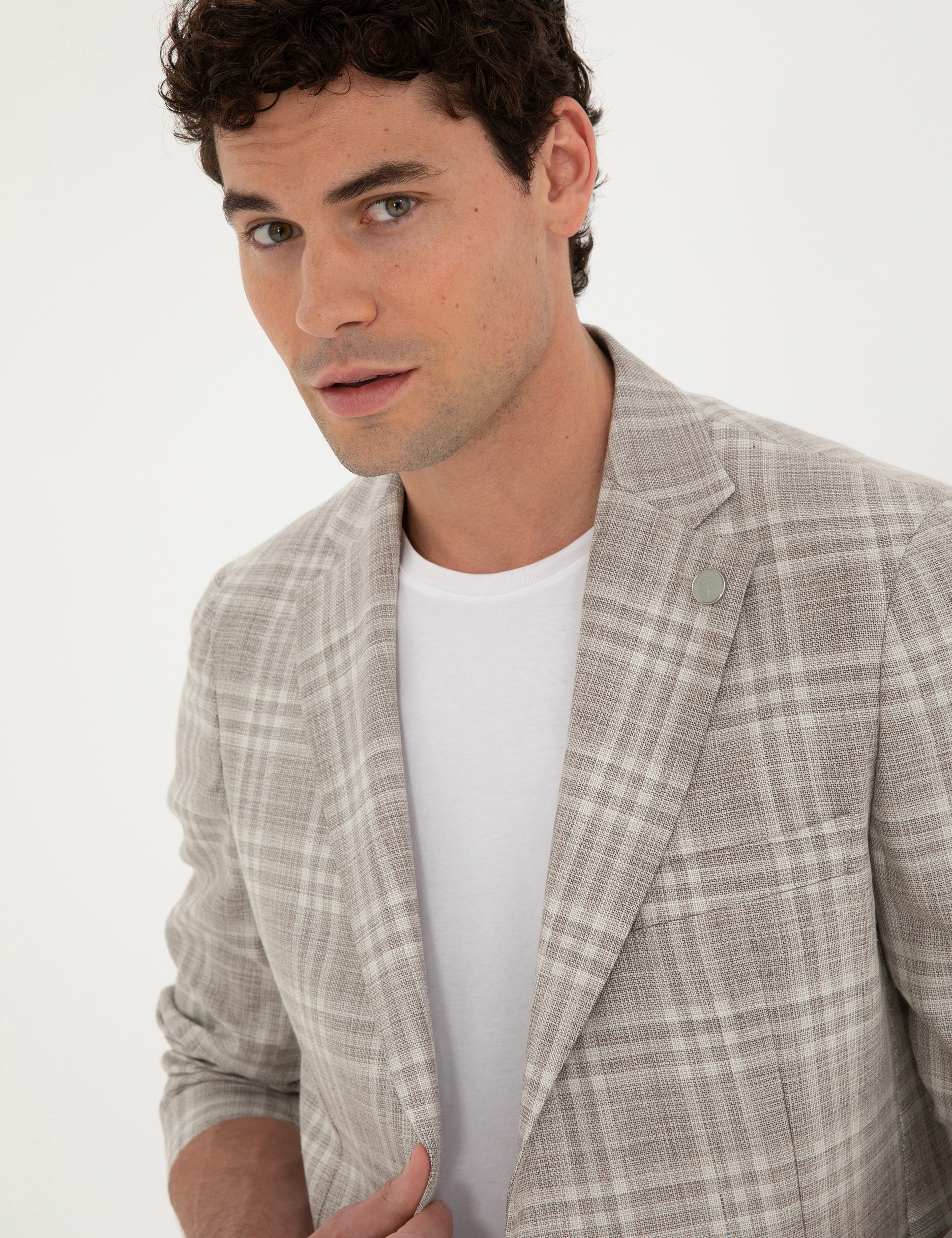 Bej Slim Fit Yün Keten Karışımlı Ekose Ceket