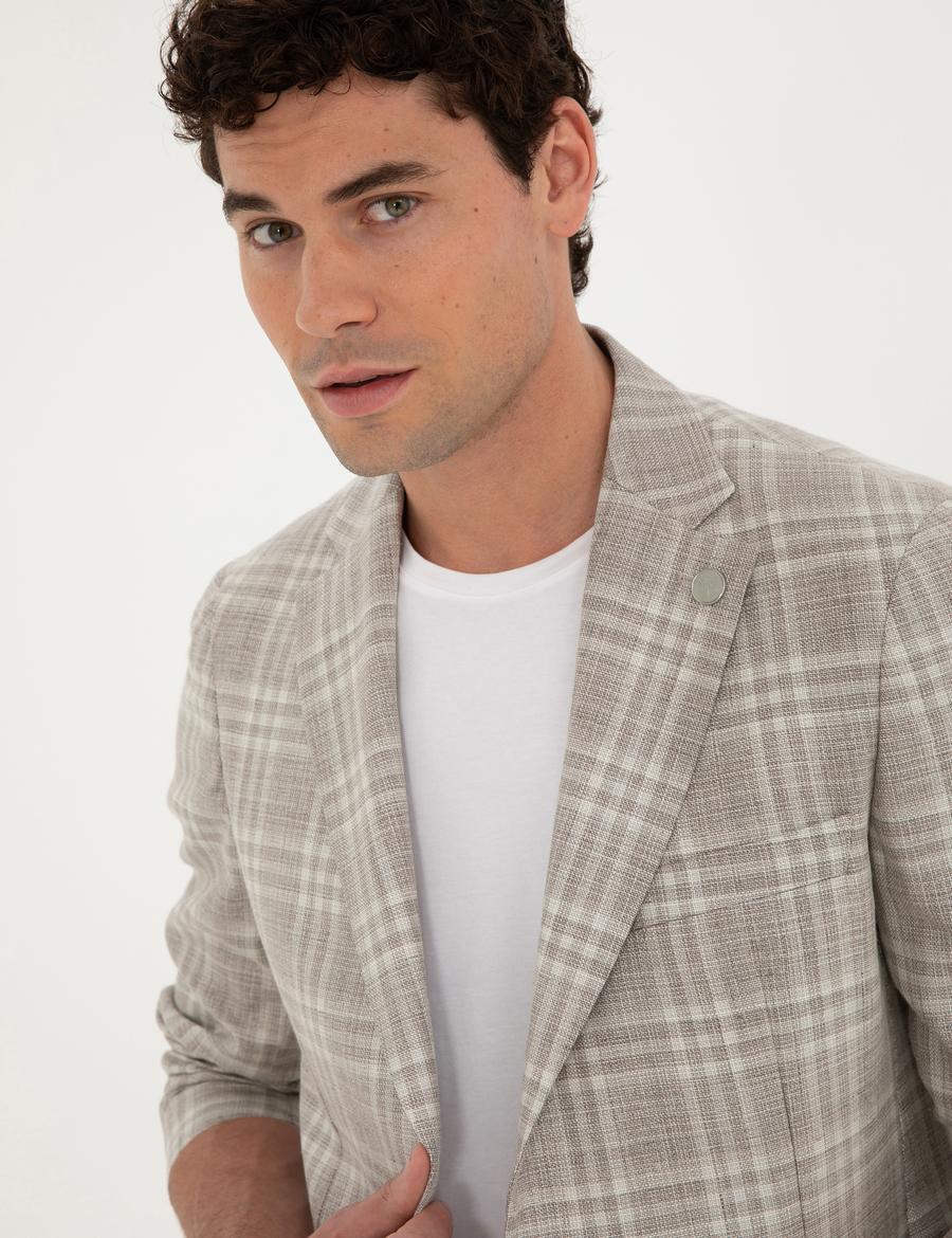 Bej Slim Fit Yün Keten Karışımlı Ekose Ceket