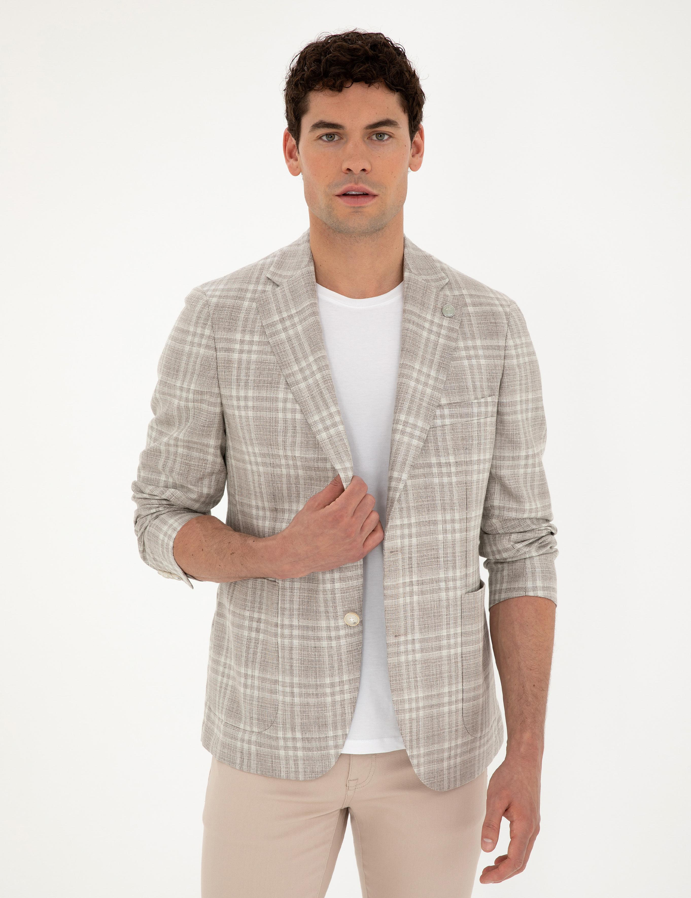 Bej Slim Fit Yün Keten Karışımlı Ekose Ceket