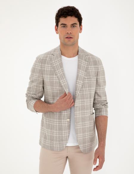 Bej Slim Fit Yün Keten Karışımlı Ekose Ceket - 50285195008