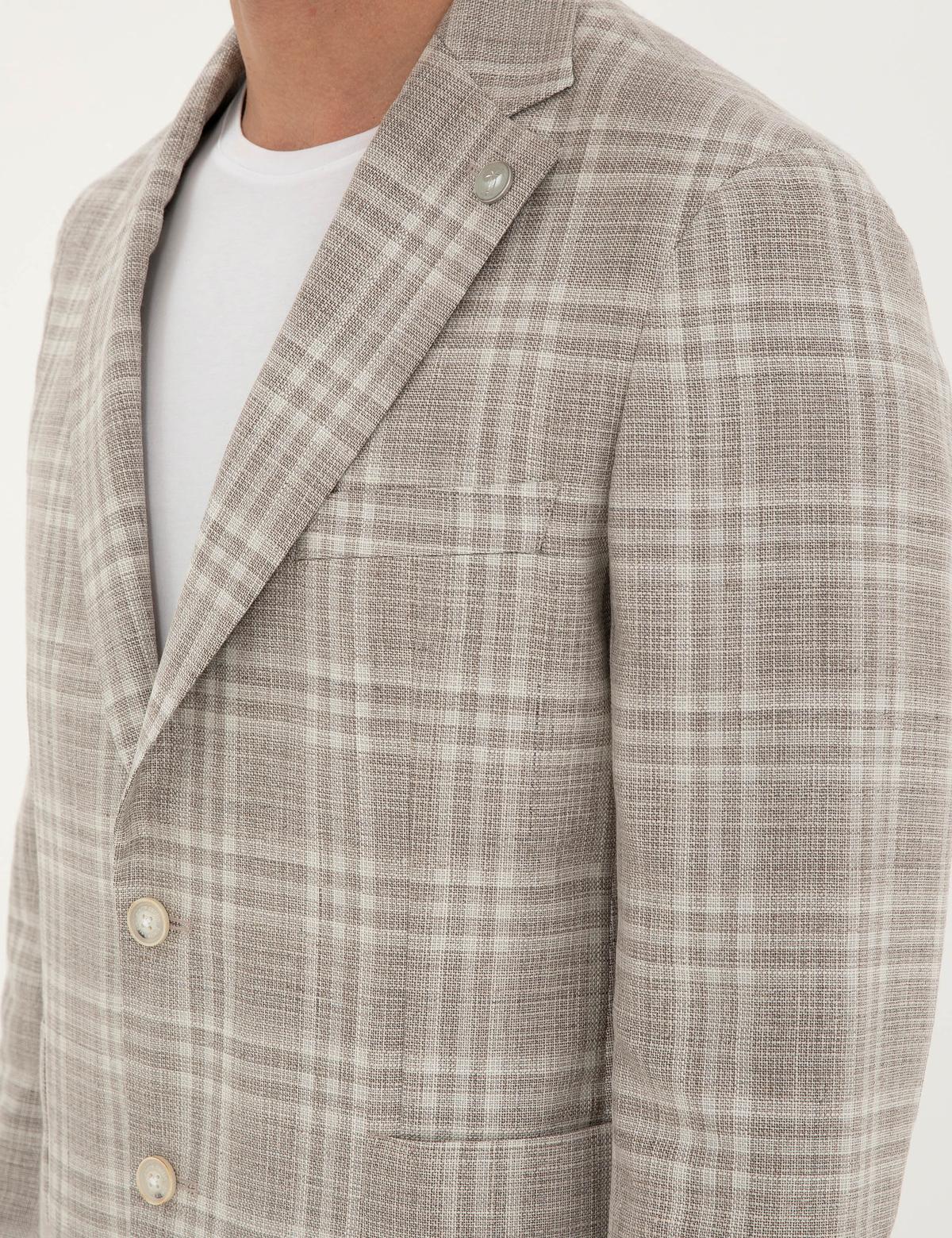 Bej Slim Fit Yün Keten Karışımlı Ekose Ceket - 50285195008