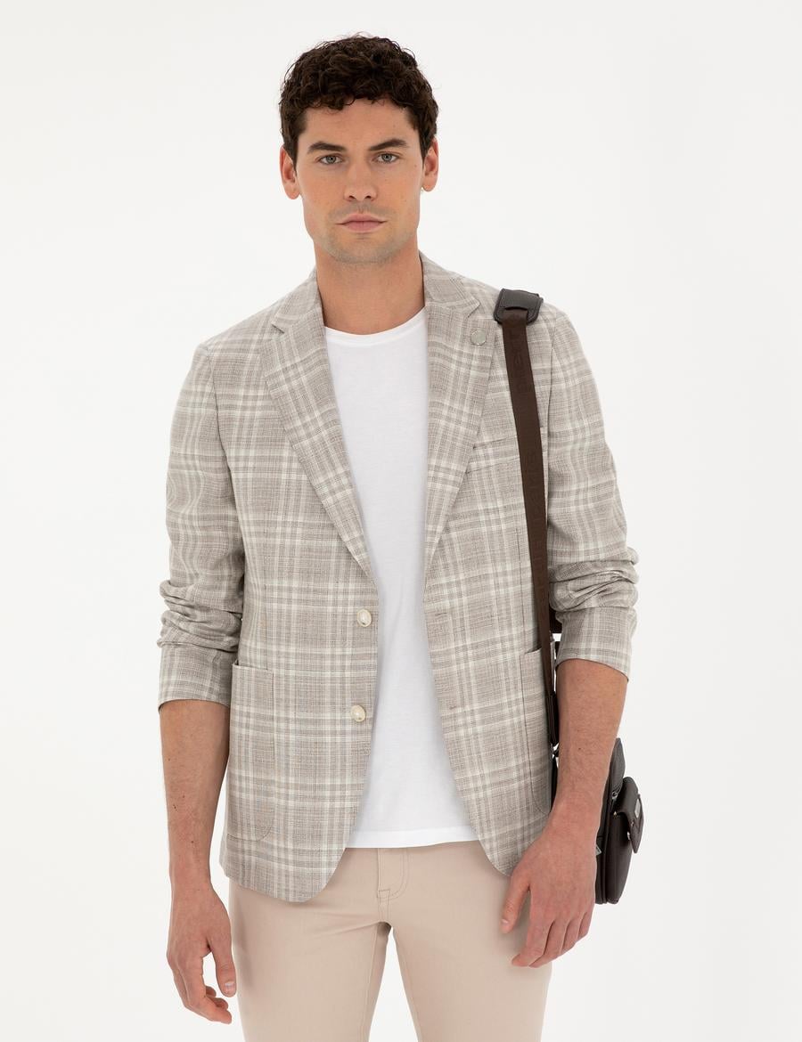 Bej Slim Fit Yün Keten Karışımlı Ekose Ceket