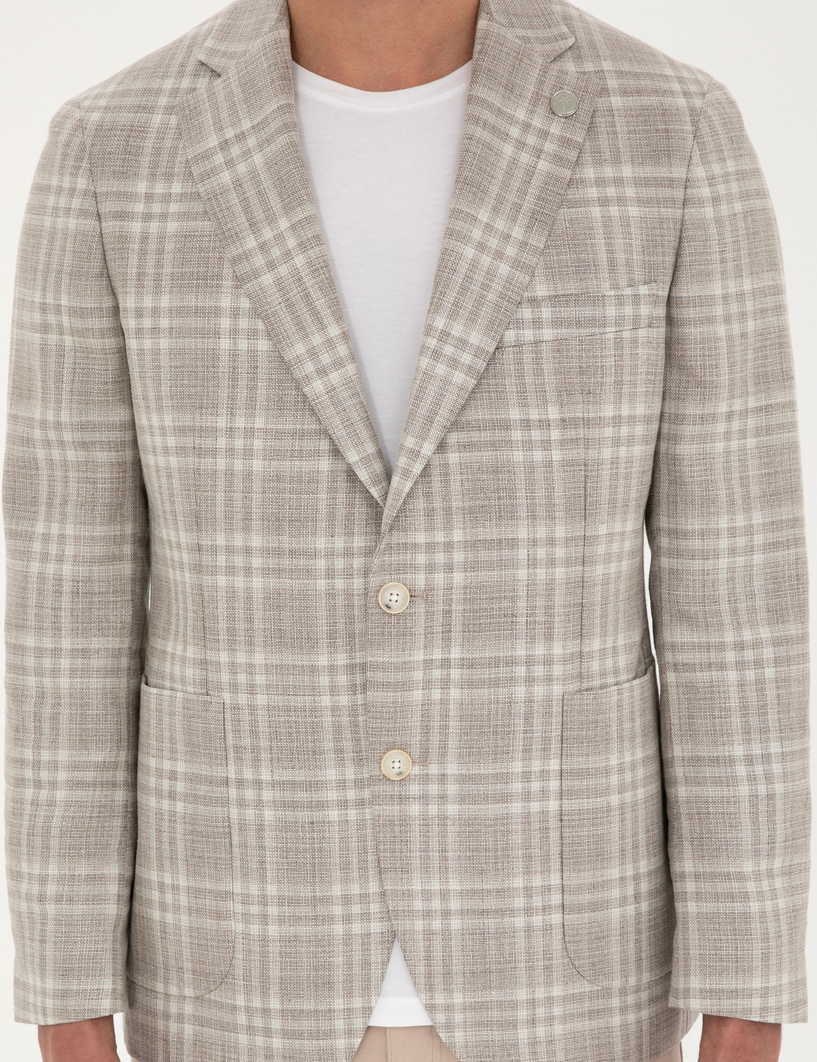 Bej Slim Fit Yün Keten Karışımlı Ekose Ceket