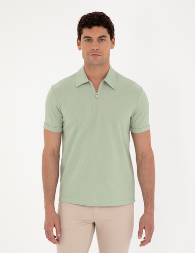 Yeşil Slim Fit Fermuarlı Polo Yaka Tişört