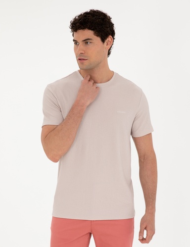 Bej Slim Fit Bisiklet Yaka Tişört