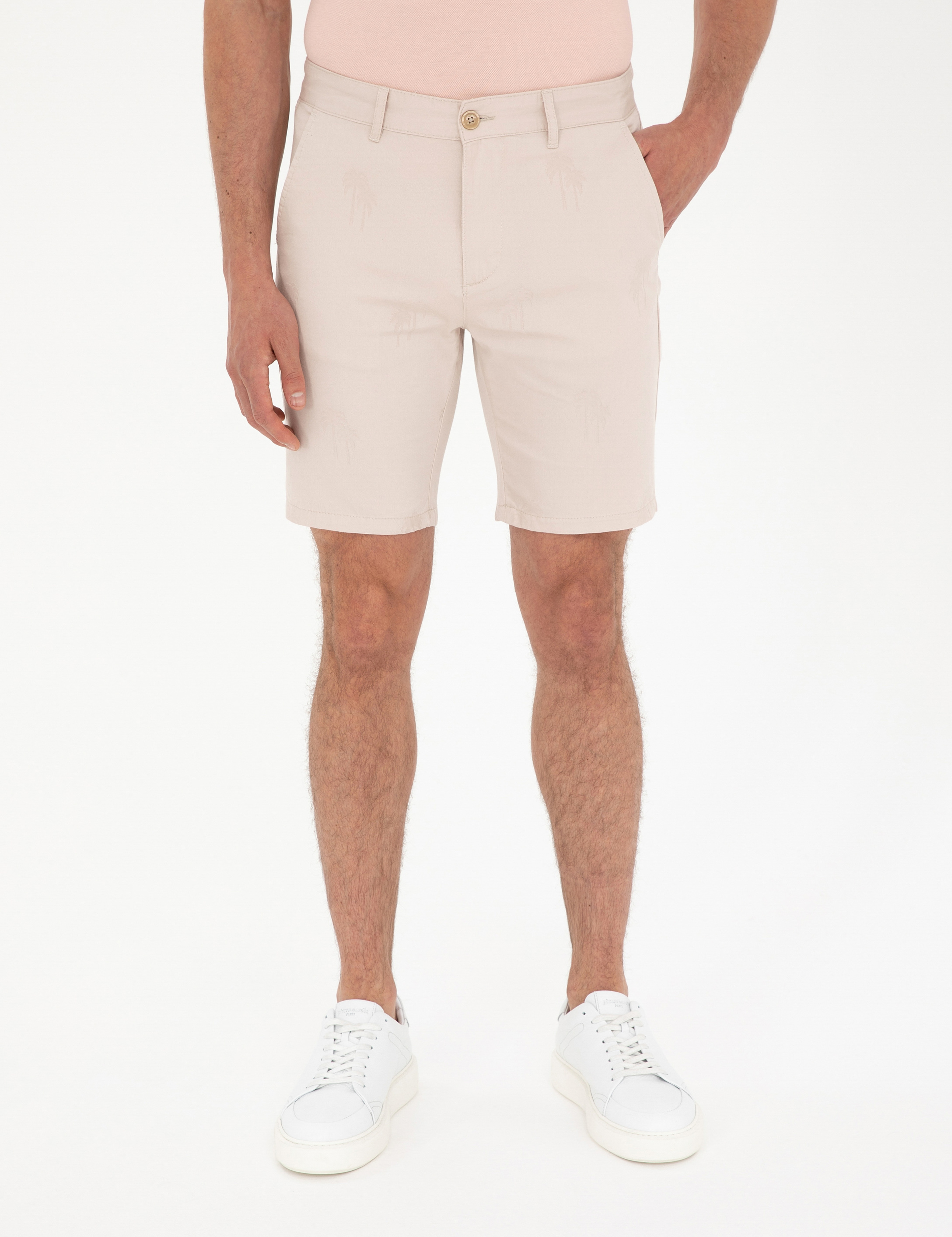 Bej Slim Fit Dokuma Şort - Image 2