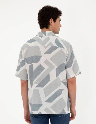 Lacivert Oversize Keten Karışımlı Kısa Kollu Gömlek