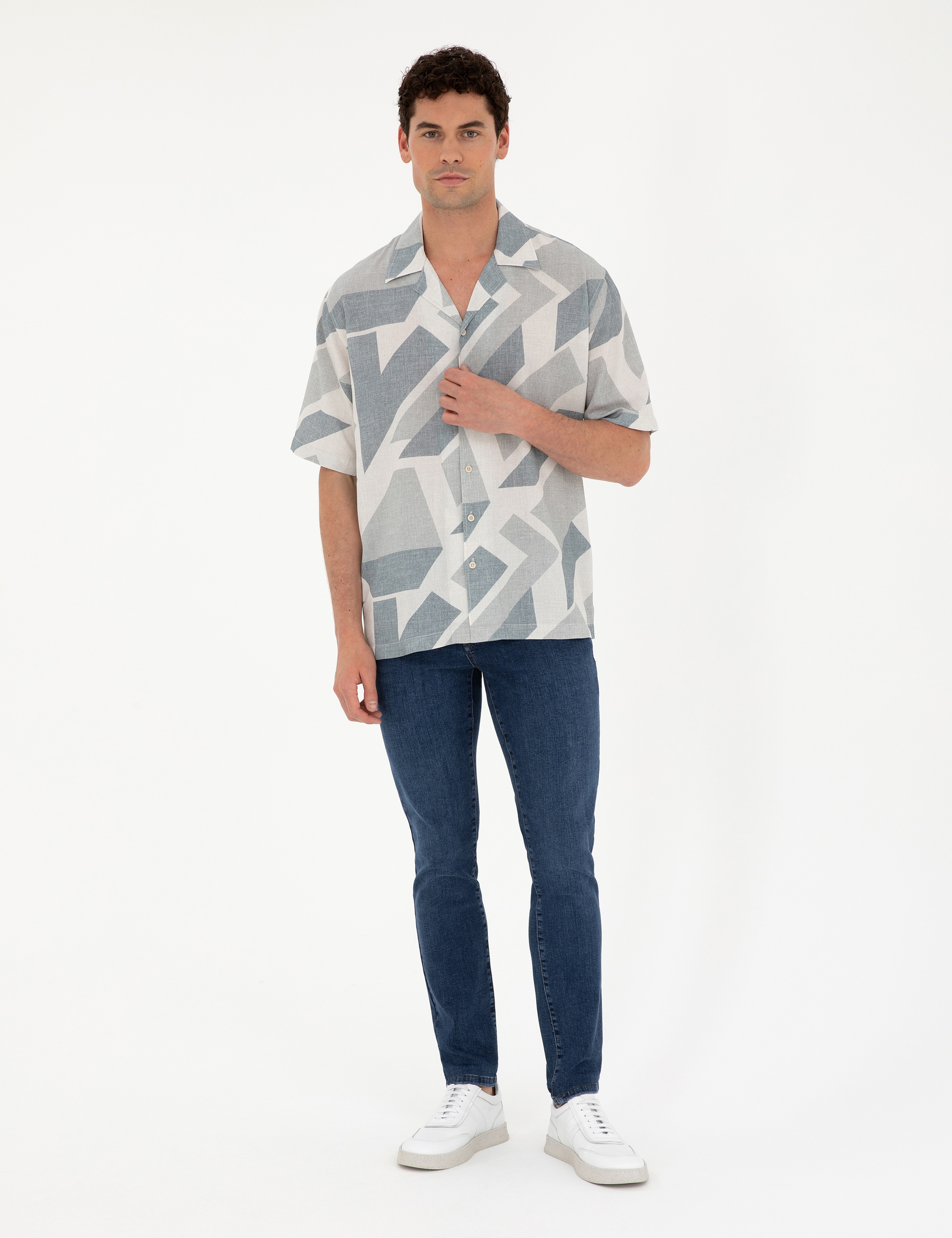 Lacivert Oversize Keten Karışımlı Kısa Kollu Gömlek - Image 4