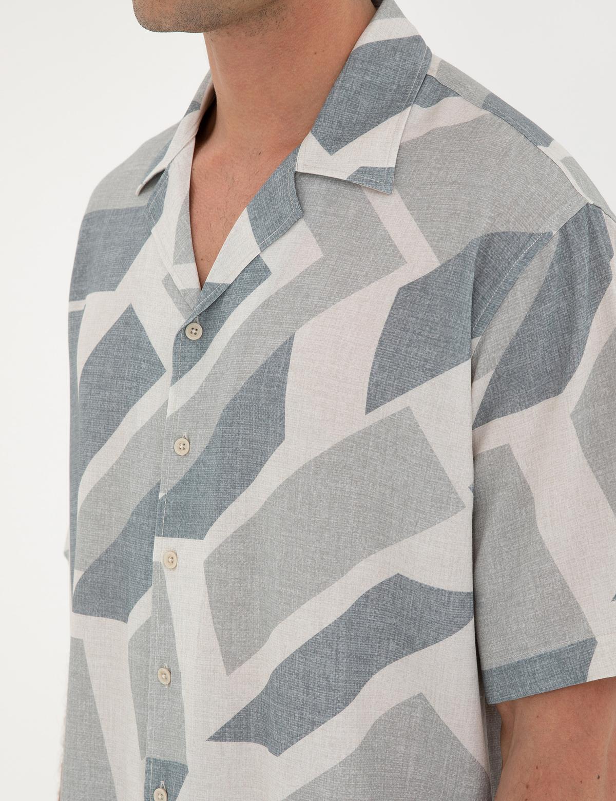 Lacivert Oversize Keten Karışımlı Kısa Kollu Gömlek - 50289201010