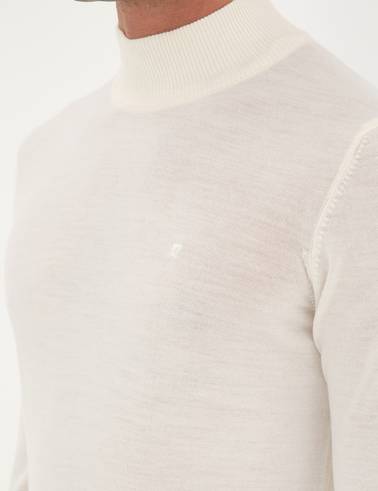 Ekru Slim Fit Yarım Balıkçı Yaka Yün Karışımlı Basic Triko Kazak