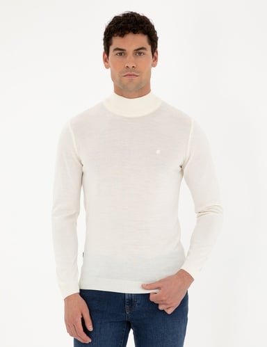 Ekru Slim Fit Yarım Balıkçı Yaka Yün Karışımlı Basic Triko Kazak