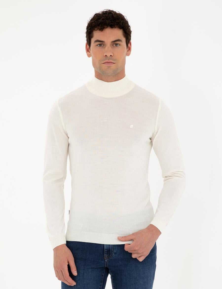 Ekru Slim Fit Yarım Balıkçı Yaka Yün Karışımlı Basic Triko Kazak