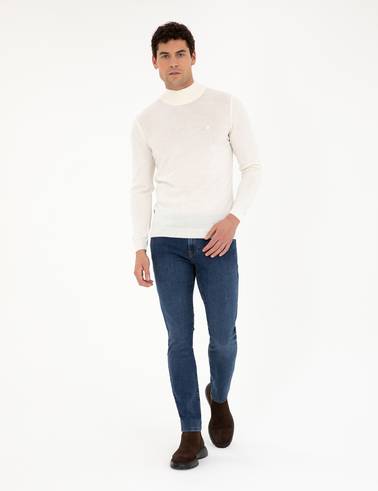 Ekru Slim Fit Yarım Balıkçı Yaka Yün Karışımlı Basic Triko Kazak