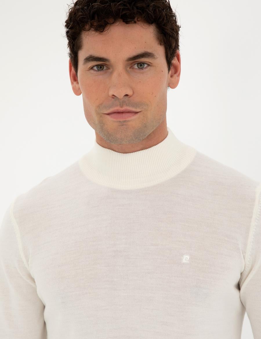 Ekru Slim Fit Yarım Balıkçı Yaka Yün Karışımlı Basic Triko Kazak
