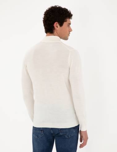 Ekru Slim Fit Yarım Balıkçı Yaka Yün Karışımlı Basic Triko Kazak