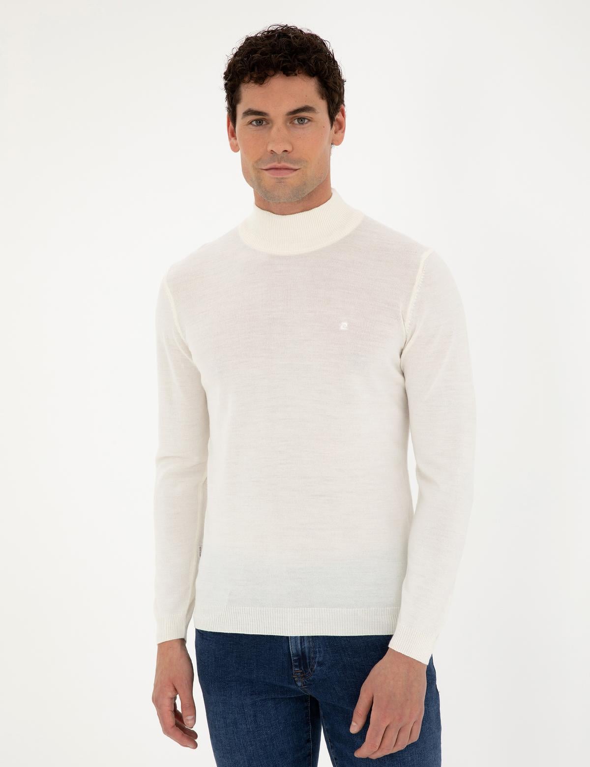 Ekru Slim Fit Yarım Balıkçı Yaka Yün Karışımlı Basic Triko Kazak - 50270055108