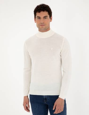 Ekru Slim Fit Yarım Balıkçı Yaka Yün Karışımlı Basic Triko Kazak