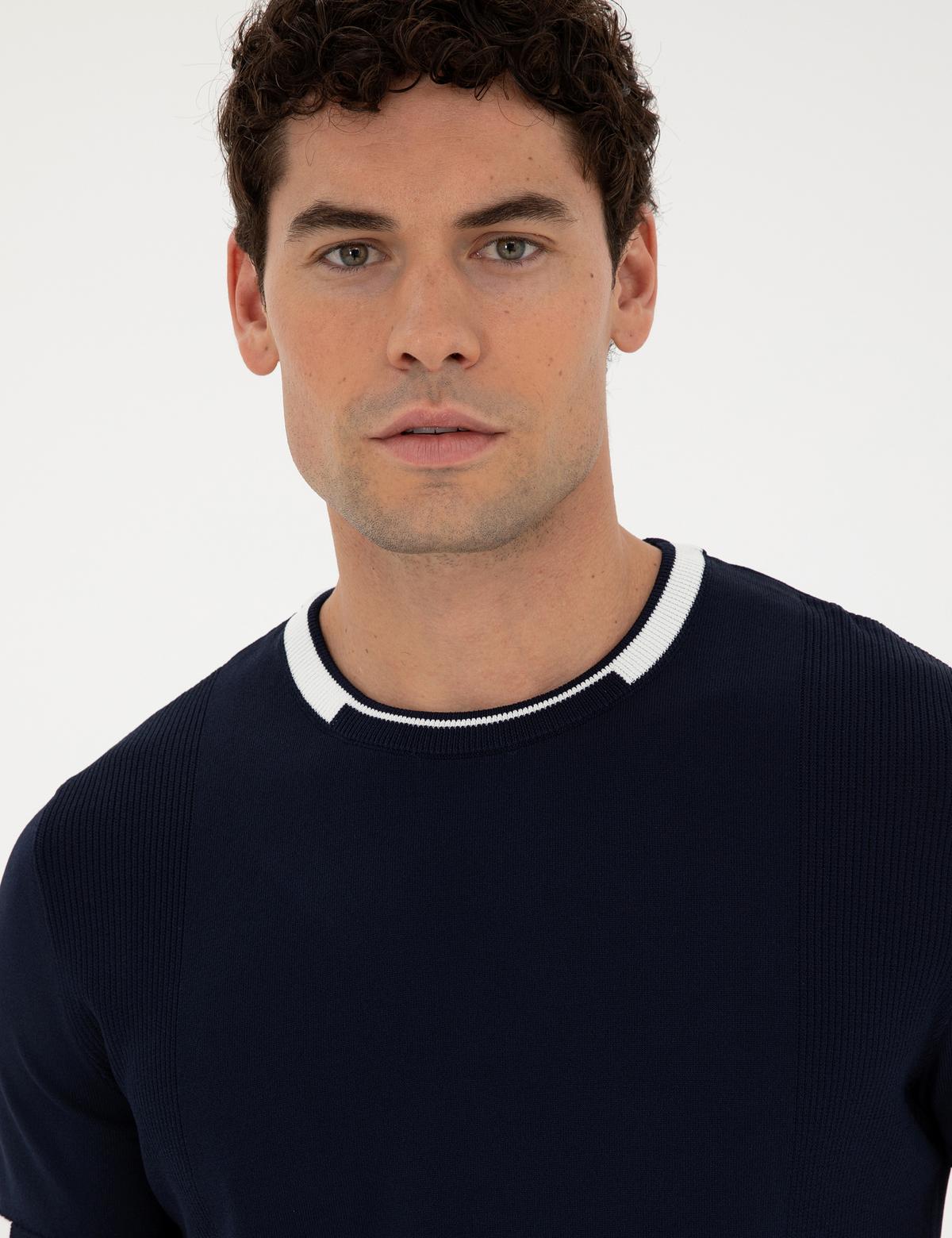 Lacivert Slim Fit Bisiklet Yaka Triko Tişört - 50287449021