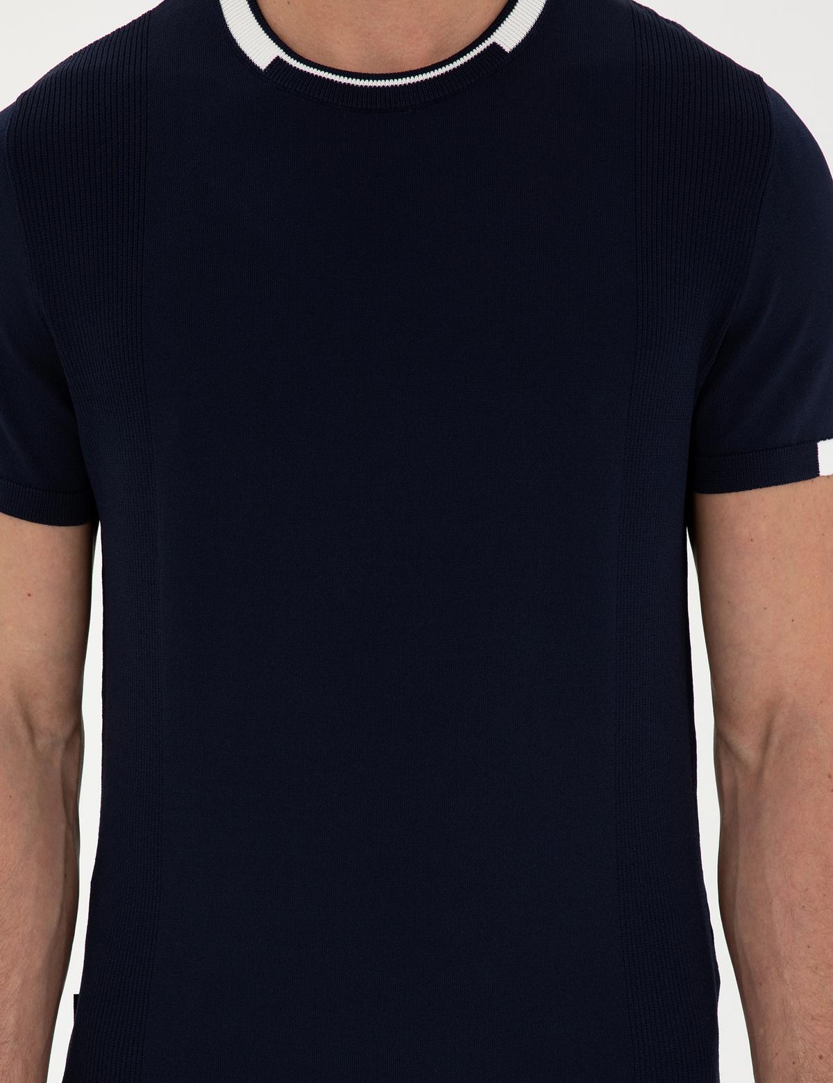 Lacivert Slim Fit Bisiklet Yaka Triko Tişört - 50287449021