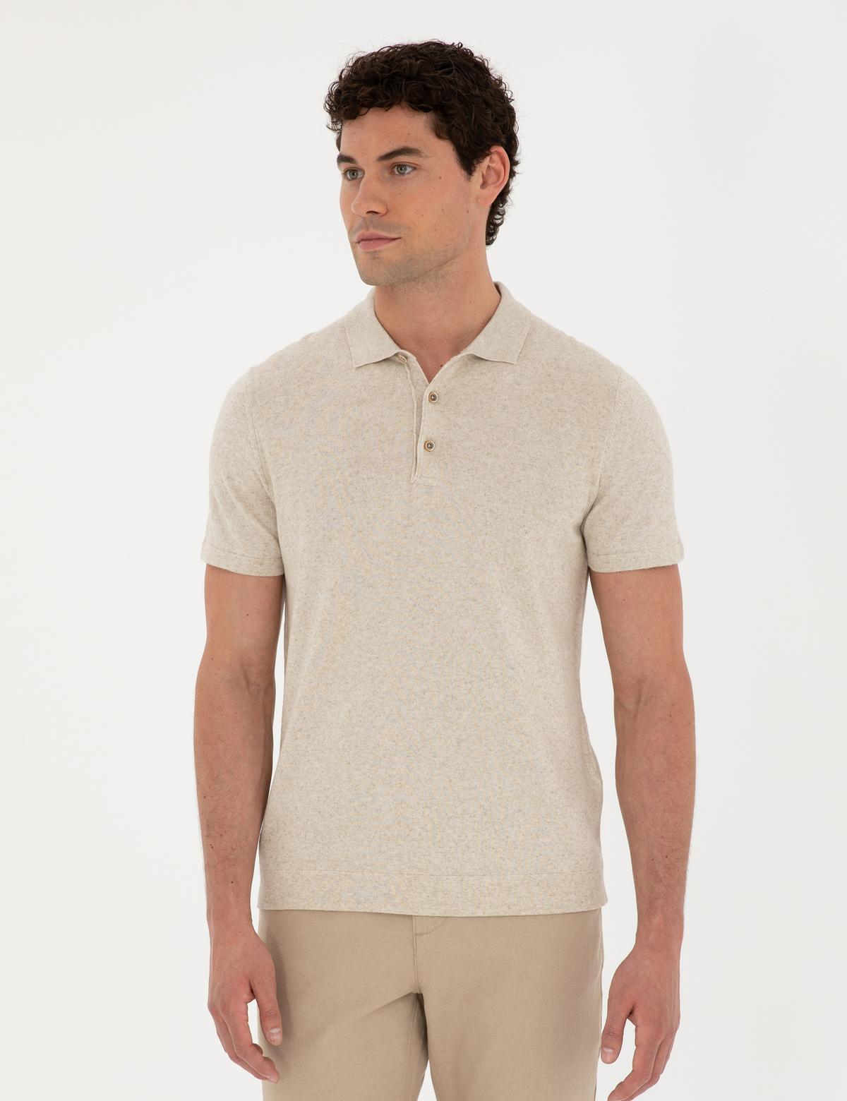 Bej Slim Fit Düğmeli Polo Yaka Keten Karışımlı Triko Tişört