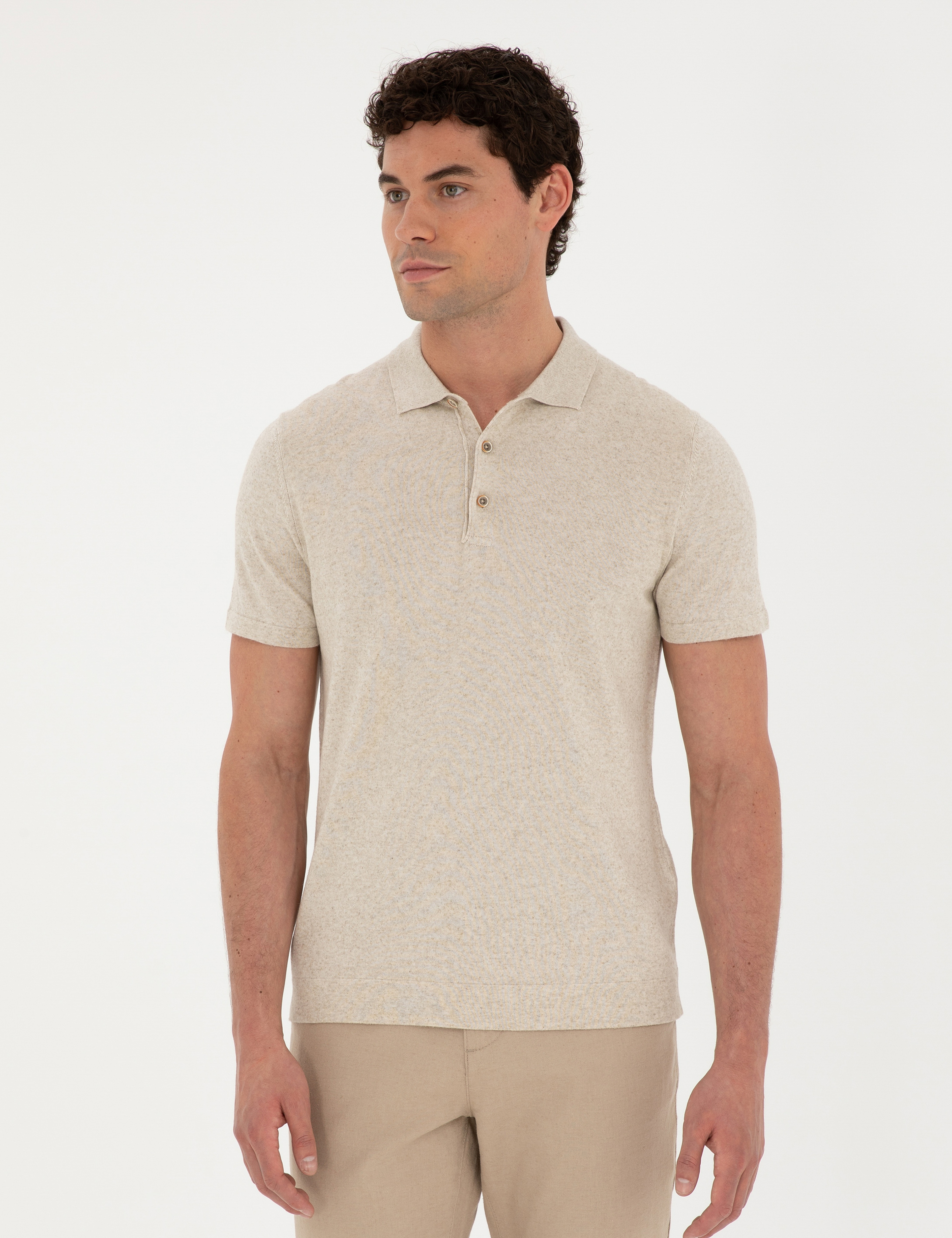 Bej Slim Fit Düğmeli Polo Yaka Keten Karışımlı Triko Tişört - Image 1
