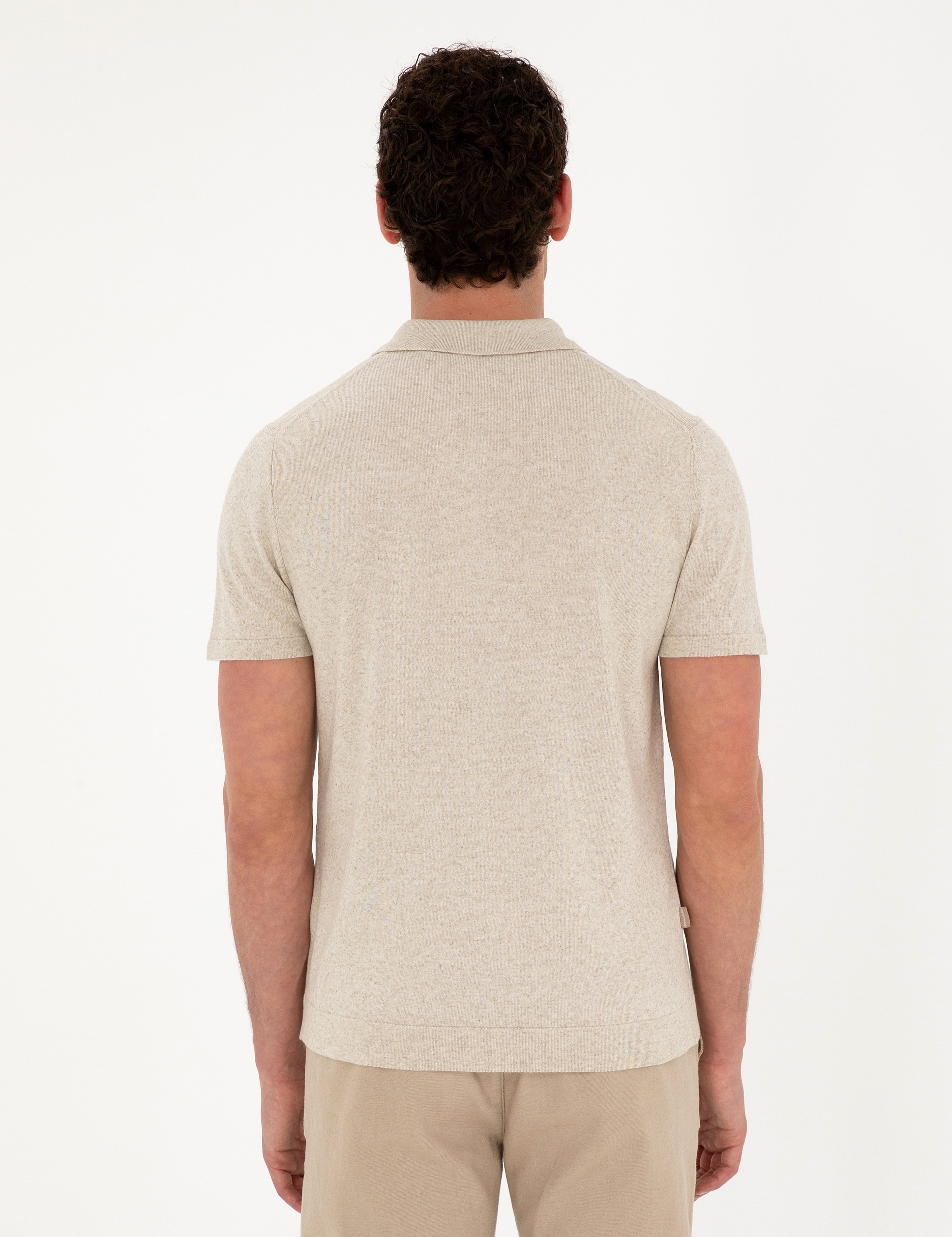 Bej Slim Fit Düğmeli Polo Yaka Keten Karışımlı Triko Tişört - Image 5