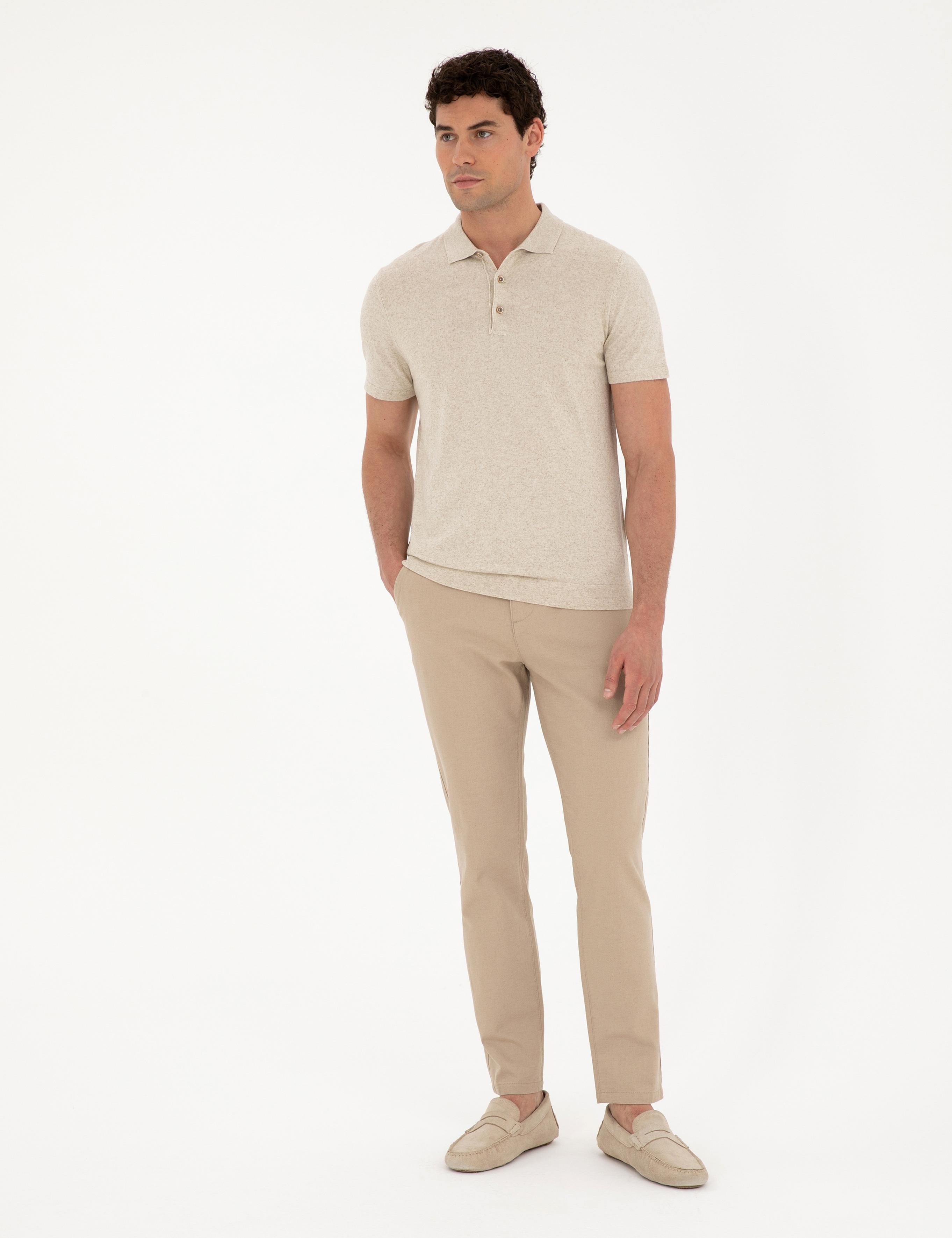 Bej Slim Fit Düğmeli Polo Yaka Keten Karışımlı Triko Tişört