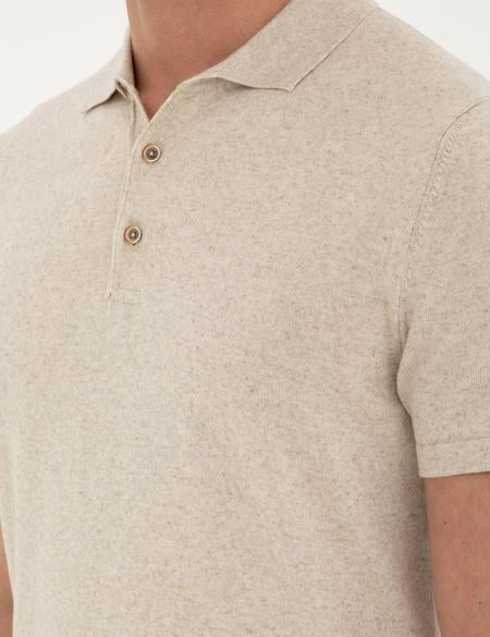 Bej Slim Fit Düğmeli Polo Yaka Keten Karışımlı Triko Tişört - 50288161009